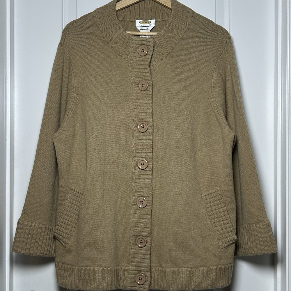 Talbots‎ Cashmere Blend Button Up Ribbed Collar Pocket Knit Camel Brown Cardigan